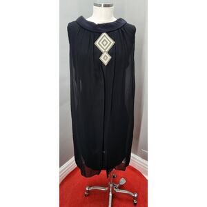 60s Vintage Black Sheath Cocktail Dress w/Beaded Applique - XL
